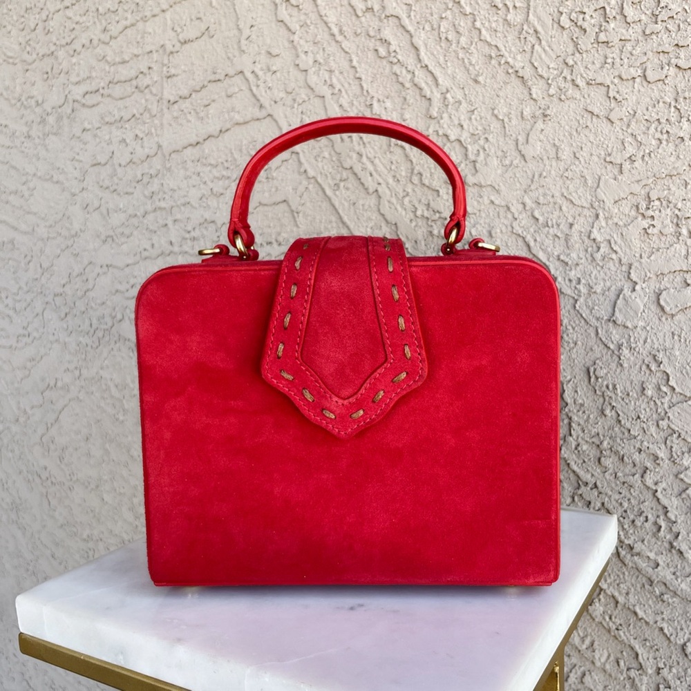 MEHRY MU Red Suede Fey Box Bag Classic Stitched Top Handle Crossbody Bag - Picture 14 of 15